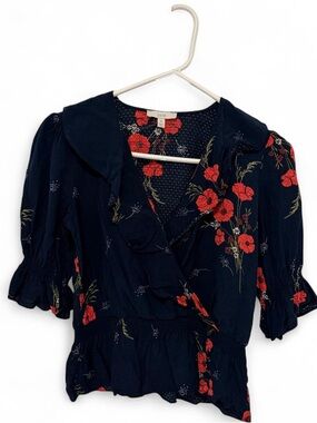 Joie Navy Blouse with Red Floral Print